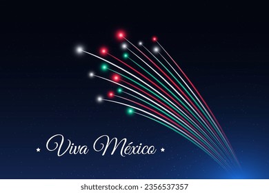 Banner september 16 mexico independence day, mexican fireworks on dark sky background. Fireworks, flag. National holiday september 16th. Independence day card. Vector. Translation Long live Mexico