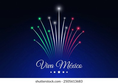 Banner september 16 mexico independence day, mexican fireworks on dark sky background. Fireworks, flag. National holiday september 16th. Independence day card. Vector. Translation Long live Mexico