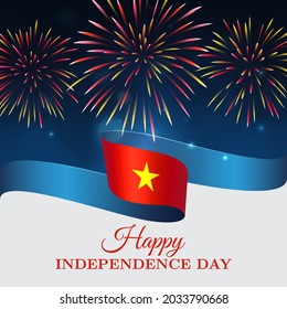 Cartel 2 de septiembre, día de la independencia de vietnam, plantilla vectorial con bandera vietnamita y fuegos artificiales en fondo azul del cielo nocturno. Tarjeta de felicitación. Feliz 2 de septiembre, Día de la Independencia de Vietnam