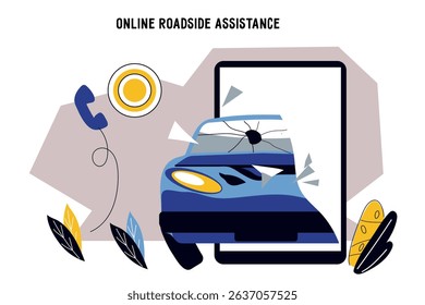 Banner for services and apps of online roadside assistance. Car repair and towing service emblem, vector illustration isolated on white background.