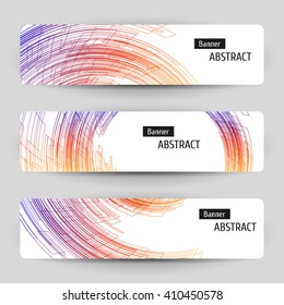 Banner set with abstract technology design. 3 white paper banners on gray background. Geometric linear elements. Vector illustration.