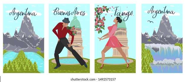 Banner Set Argentina Buenos Aires Tango Lettering. Poster Historical and Natural Attractions Argentina. Man and Woman in Evening Dress Dancing Incendiary Tagno. Vector Illustration.