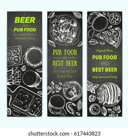 Banner set for beer pub or beer restaurant. Vector illustration in sketch style. Hand drawn vertical banners. Engraved style image