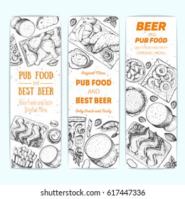 Banner set for beer pub or beer restaurant. Vector illustration in sketch style. Hand drawn vertical banners. Engraved style image