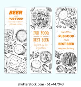 Banner set for beer pub or beer restaurant. Vector illustration in sketch style. Hand drawn vertical banners. Engraved style image