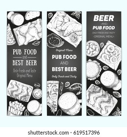 Banner set for beer pub or beer restaurant. Vector illustration in sketch style. Hand drawn vertical banners. Engraved style image