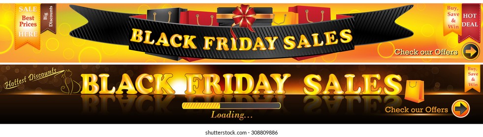 Banner set for Black Friday, in two colors. Leaderboard (728X90 px) Can be easy to modify. Contains different shopping bags, shopping tags (etiquette) and space for your personalized text. 