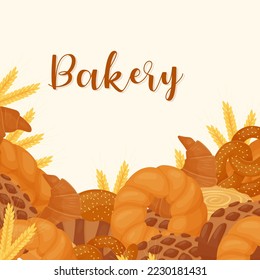 Banner. Set Butter pastry. Confectionery. Bun for breakfast. Loaf. Bakery. Vector illustration on a white background.