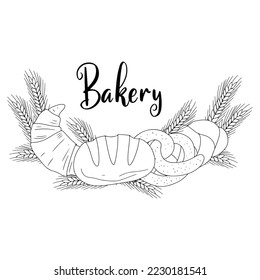 Banner. Set Butter pastry. Confectionery. Bun for breakfast. Loaf. Bakery. Vector illustration on a white background.