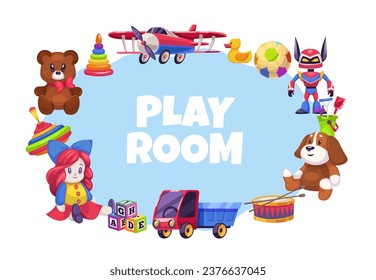 Cartel con juego de juguetes para niños. Marco redondeado con espacio de copia para texto. Afiche para niños que juegan en la sala de juegos o en el parque infantil. Mucha muñeca, animales de peluche y coches. Concepto de vector aislado plano de dibujos animados