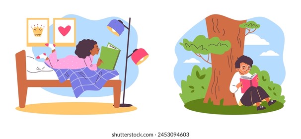 Banner with a set of children's pictures on an isolated background. A collection of vector illustrations of children reading books in different locations and poses. Children's reading concept.