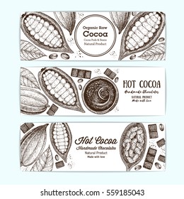 Banner set for cocoa shop. Horizontal banner collection with cocoa products. Vintage vector illustration