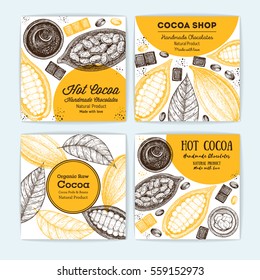 Banner set for cocoa shop. Square banner collection with cocoa products. Vintage vector illustration