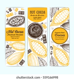 Banner set for cocoa shop. Vertical banner collection with cocoa products. Vintage vector illustration