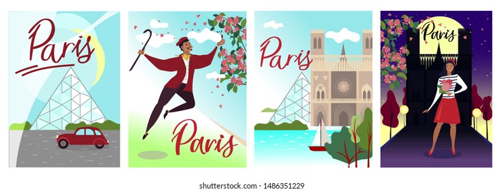 Banner Set Collection Inscription Paris Cartoon. Sights Capital France. Man Dancing against Background Eiffel Tower. Streets Old Town, View River Hay. Woman Near Cathedral Notre Dame.