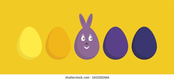 Banner with a set of colored Easter eggs with rabbit ears and a cheerful face. Yellow-blue color. Easter spring vector
