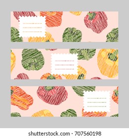 Banner set. Colorful sweet peppers. Horizontal series. Scratched vegetables. Text frame. Copy space. Hand drawn vegetable pattern. Vegetarian flyer concept.