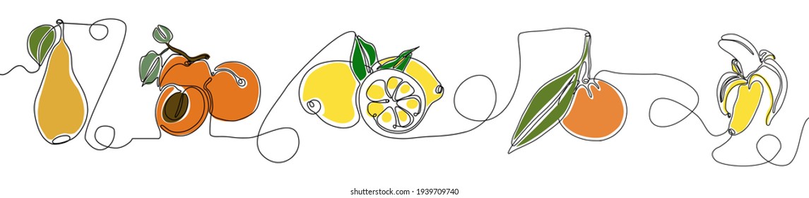 Banner set with a continuous line of fruits: pear, apricot, lemon, tangerine, banana. Illustration of healthy, vegetarian food. fruit background.organic fruit.
