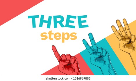 Banner with Set of counting one two three steps hand sign. Three steps or options concept. Vector illustration