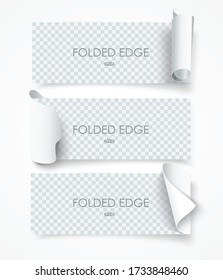 Banner set with curl or folded edges and shadows on transparent background.