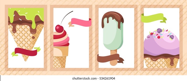Banner set of cute sweet backgrounds. Ice cream cards. Vector flat illustration