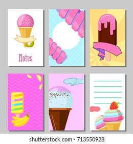 Banner set of cute sweet backgrounds. Ice cream and fruits summer cards. Vector illustration