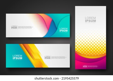 Plantilla de diseño de conjunto de banners en colores de gradiente dinámico de moda con efecto de semitono en líneas abstractas o formas de onda. Diseño de elementos. ilustrador vectorial.