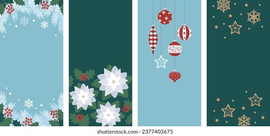 Banner set designed with Christmas ornaments and winter plants	
