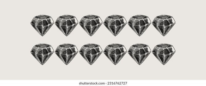 Banner with set of diamonds. Polyhedron in line art style. Line drawing. Place for logos, messages, text placement, dynamics, data analytics, presentations.