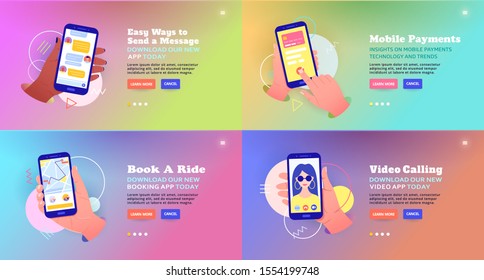 Banner set, different mobile services concept. Mobile application online, banners design. Hands holding a mobile on the screen: online payment by card, video call, taxi call, chat in the messenger.   