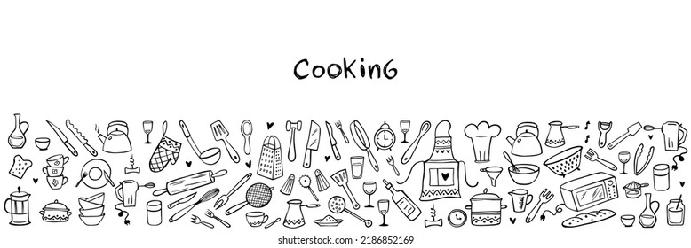 Pancarta - Juego de herramientas de cocina de doodle sobre fondo blanco. Equipamiento de cocina Doodle. Ilustración vectorial. Se puede usar para papel tapiz, rellenos de patrones, textil, fondo de página web, texturas superficiales.