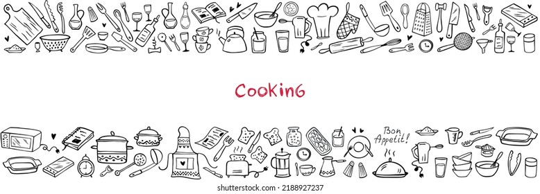 Banner - Set of doodle kitchen tools on white background. Doodle kitchen equipments. Vector illustration. Can be used for wallpaper, pattern fills, textile, web page background, surface textures.