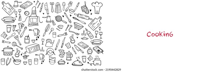 Banner - Set of doodle kitchen tools on white background. Doodle kitchen equipments. Vector illustration. Can be used for wallpaper, pattern fills, textile, web page background, surface textures.