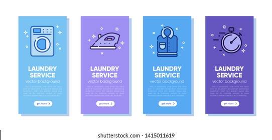 Banner set for dry cleaning concept with outline icons for laundry, dry cleaning, housekeeping services. Flat vector design. Modern graphic design. Home appliance. House laundry. Laundry detergent.
