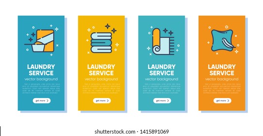 Banner set for dry cleaning concept with outline icons for laundry, dry cleaning, housekeeping services. Flat vector design. Modern graphic design. Home appliance. House laundry. Laundry detergent.