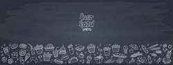 Bannière De "Set Fast Food Doodles" Sur Tableau De Bord. Illustration Vectorielle. Idéal Pour La Conception De Menus Ou De Forfaits Alimentaires.