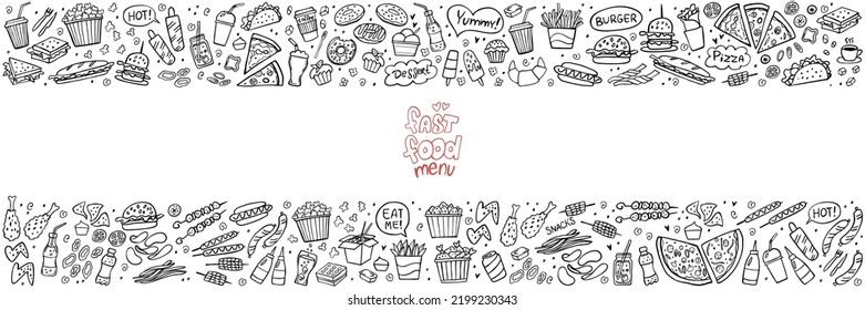 Banner of set of fast food doodles on white. Vector illustration. Perfect for menu or food package design.