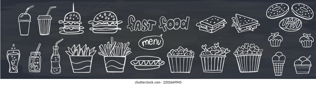 Banner of Set fast food doodles on chalkboard. Vector illustration. Perfect for menu or food package design.