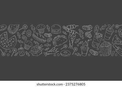 Banner of Set fast food doodles or line icons doodles on black. menu or food package design. Vector illustration. Editable strocke