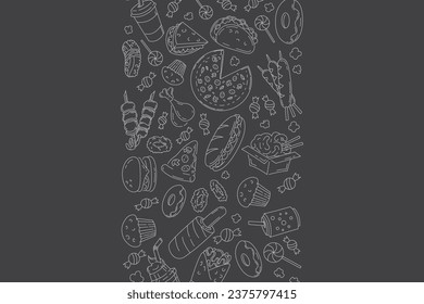 Banner of Set fast food doodles or line icons doodles on black. menu or food package design. Vector illustration. Editable strocke