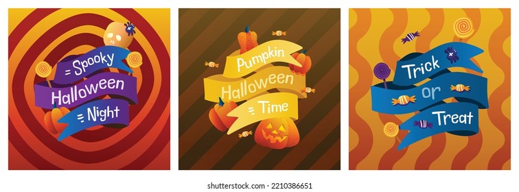 Banner set  Festive ribbons   theme Halloween  The lettering the ribbons   Halloween elemens    pumpkins  sweets  dead man  spiders  Suitable for web   print  holiday mailing 