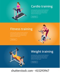 Banner set Fitness woman working out on exercise bike, Young woman with barbell flexing muscles, Pretty girl working out in a treadmill at the gym. Flat 3d isometric vector illustration