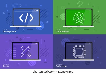 Banner set of flat design element and icons concept education online course. Vector illustrations.