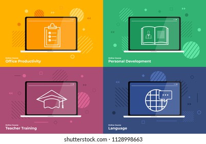 Banner set of flat design element and icons concept education online course. Vector illustrations.