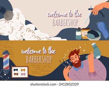 Banner set, ilustración plana plana plana, que representa el ambiente de la barbería, provisiones de barbería, cliente y peluquero en proceso de corte de pelo y barba grooming, socialización, relajación.