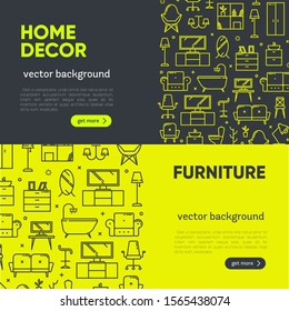 Banner set for furniture concept with outline icons for home decor, furniture store, renovation. Flat vector design. Modern graphic design. Home accessories.