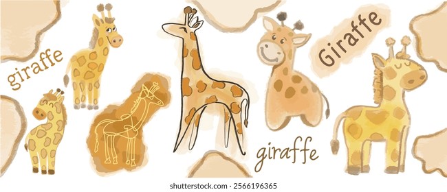 Banner, set with giraffes. Hand draw, vector, isolated. cuddly animal, funny and playful, interesting animals.