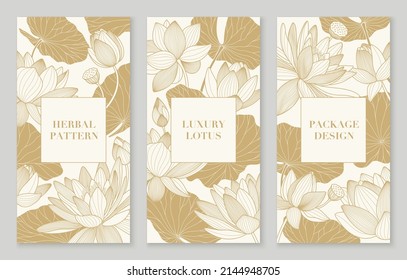 Banner set of golden patterns with lotuses and leaves. Luxury package design with line lily. Template for Chinese banners, cover, label, pattern. Elegant oriental nelumbo nucifera. 