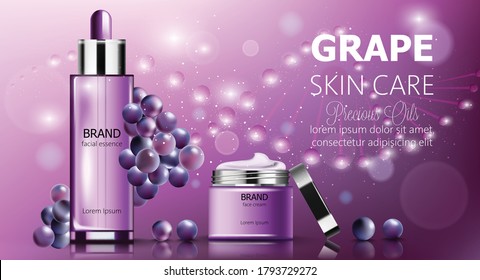 Banner set of grape skin care cosmetics. Facial essence and cream. Purple color. Product placement. Mockup Realistic Vector