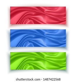 Banner set with grunge silk texture of red, blue and green colors, template of Mega Sale discount and free shipping offer, colorful banner set, Vector EPS 10 illustration